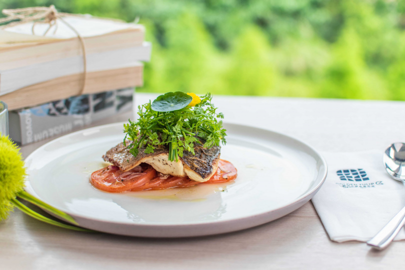 法式經典料理–「普羅旺斯香草鱸魚」，色彩飽滿呈現地中海型風格餐點。