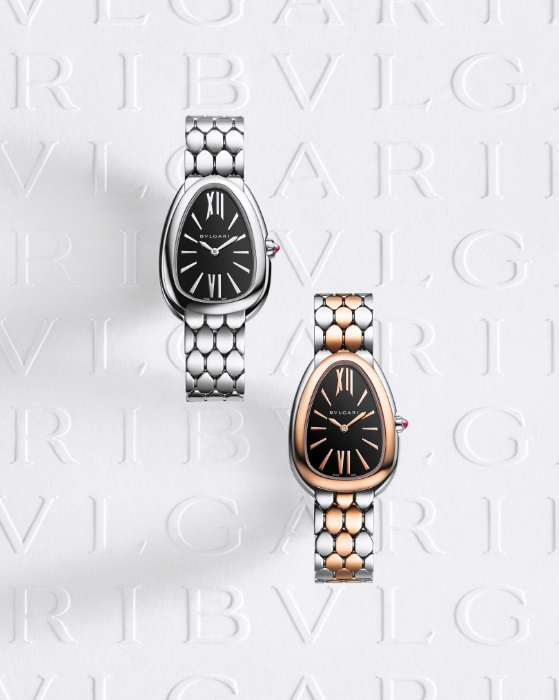 BVLGARI SERPENTI SEDUTTORI 精鋼黑色漆面腕錶／約152,000元；玫瑰金與精鋼黑色漆面腕錶／約261,500元（圖／品牌提供）