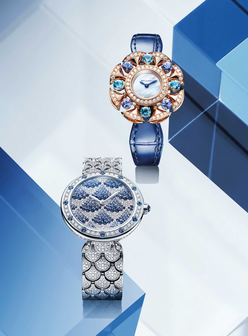 BVLGARI DIVAS’ DREAM MOSAICA珠寶腕錶藍寶石款／約4,444,000元；BVLGARI DIVAS’ DREAM珠寶腕錶拓帕石與坦桑石款／價格店洽（圖／品牌提供）