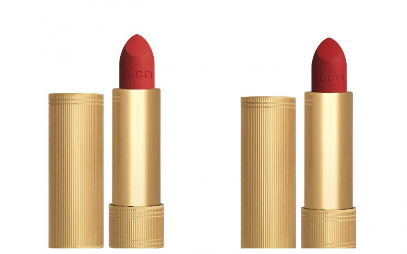 高貴奢華的金屬管身，拿起來補妝好時尚。GUCCI全新絨霧唇膏Rouge à Lèvres Mat色號#302(左)；#500(右)