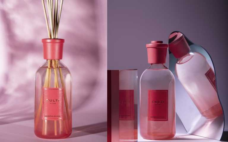 CULTI MILANO經典系列擴香-木蘭玫瑰500ml／4,000元 染上馥郁粉紅色調的瓶身，在視覺上野模擬特有的春光花色。（圖／品牌提供）
