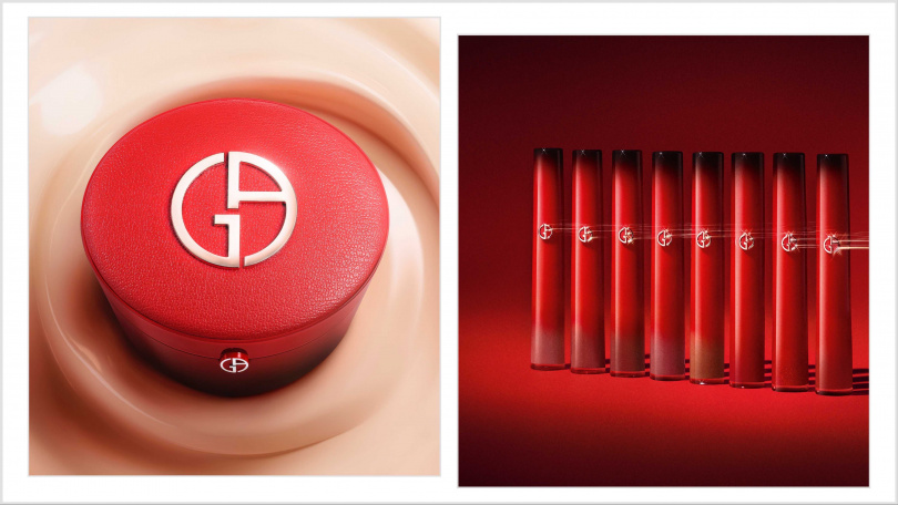 Armani beauty奢華絲絨訂製唇萃 25 周年限定版/1,600元 Armani beauty完美絲絨持久氣墊粉餅 25 周年限定版/3,500元(圖/品牌提供)