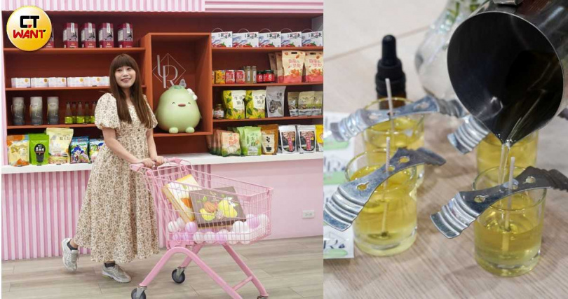 粉色系的伴手禮區可利用推車來張時尚美拍（左），另外也能預約柚子精油香氛蠟燭DIY，4人起跳每人500元、12～20人每人390元。（圖／魏妤靜攝）