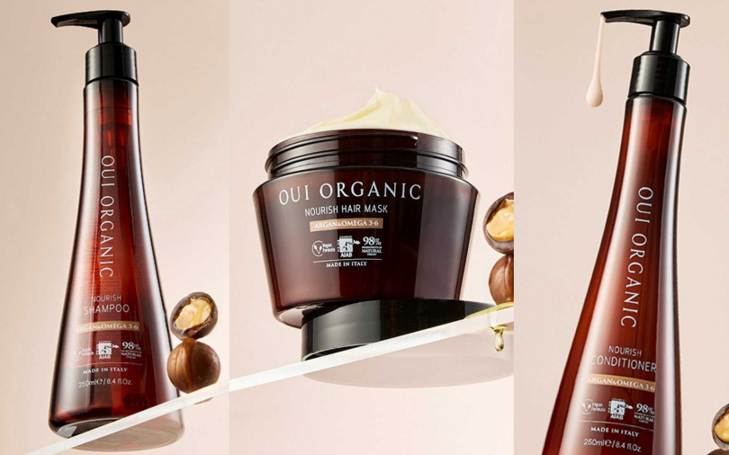 OUI ORGANIC義大利堅果OMEGA系列包含堅果OMEGA柔順洗髮精、堅果OMEGA柔順護髮膜、堅果OMEGA柔順潤髮乳,透過有機養髮三步驟,全面提升秀髮健康與質感。(圖/品牌提供)