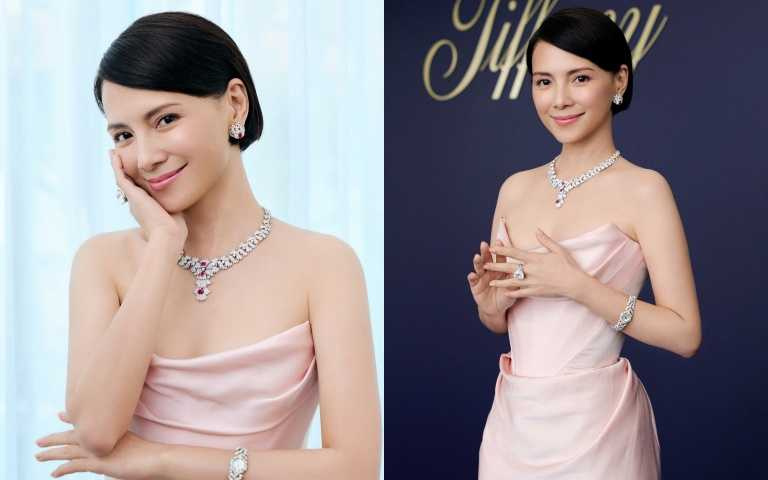 李心潔配戴 Tiffany & Co. Sea of Wonder—Anemone 系列橢圓形切割紅寶石及鑽石耳環、Anemone 系列橢圓形切割紅寶石及鑽石項鍊、Ocean Flora 系列鉑金與白K金鑲嵌鑽石、珍珠母貝與綠松石珠寶腕錶、Ocean Flora 系列白K金鑽石戒指。(圖/品牌提供)