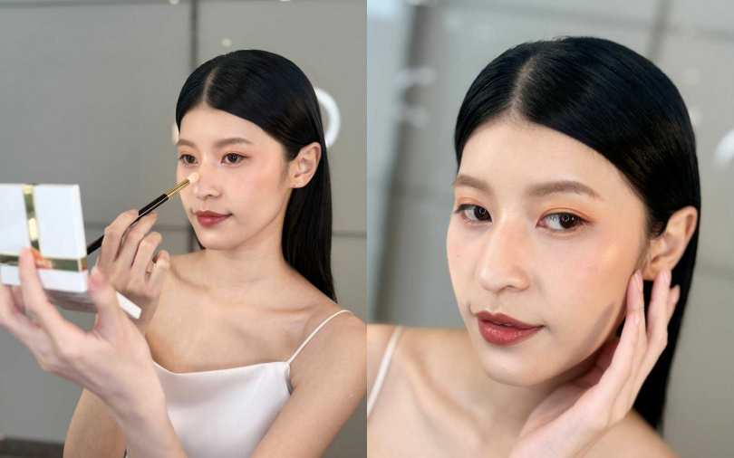 模特兒用#01 Capri米色珠光刷在鼻樑、#02 Amalfi淡金珠光刷在顴骨，這樣的光感太完美！（圖／吳雅鈴攝）