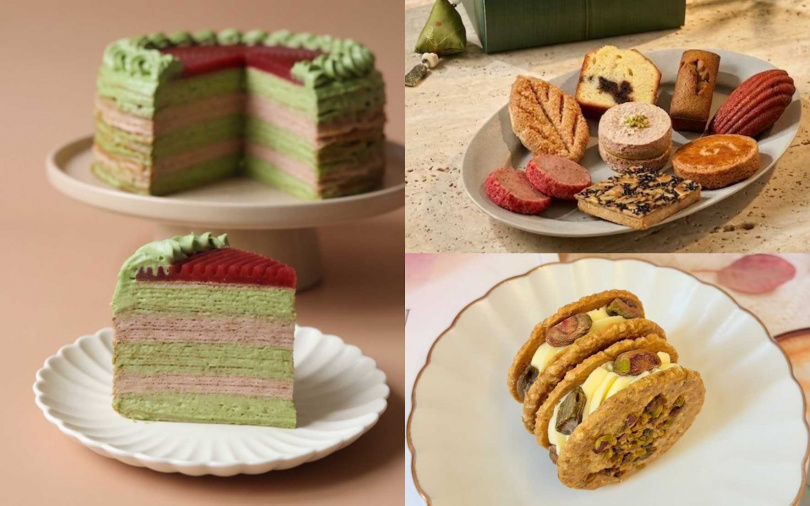 左圖Luna handmade dessert│開心果覆盆子千層、右上WUnique Pâtisserie吳一無二│端午禮盒、右下Hello World脆脆燕麥專賣店│蜂蜜開心果夾心燕麥。（圖／品牌提供）