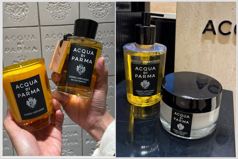 Acqua di Parma雪松名匠身體乳霜150ml／3,900元、雪松名匠手部身體潔膚露350ml／3,300元、雪松名匠香氛蠟燭200g／3,600元、雪松名匠居家擴香180ml／4,360元。（圖／品牌提供）