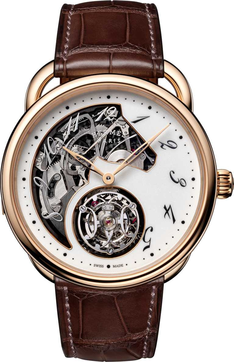 HERMÈS「ARCEAU Lift」三問陀飛輪腕錶，750玫瑰金錶殼，H1924型手動上鏈三問陀飛輪機芯，43mm，僅接受訂製╱價格店洽。（圖╱HERMÈS提供）