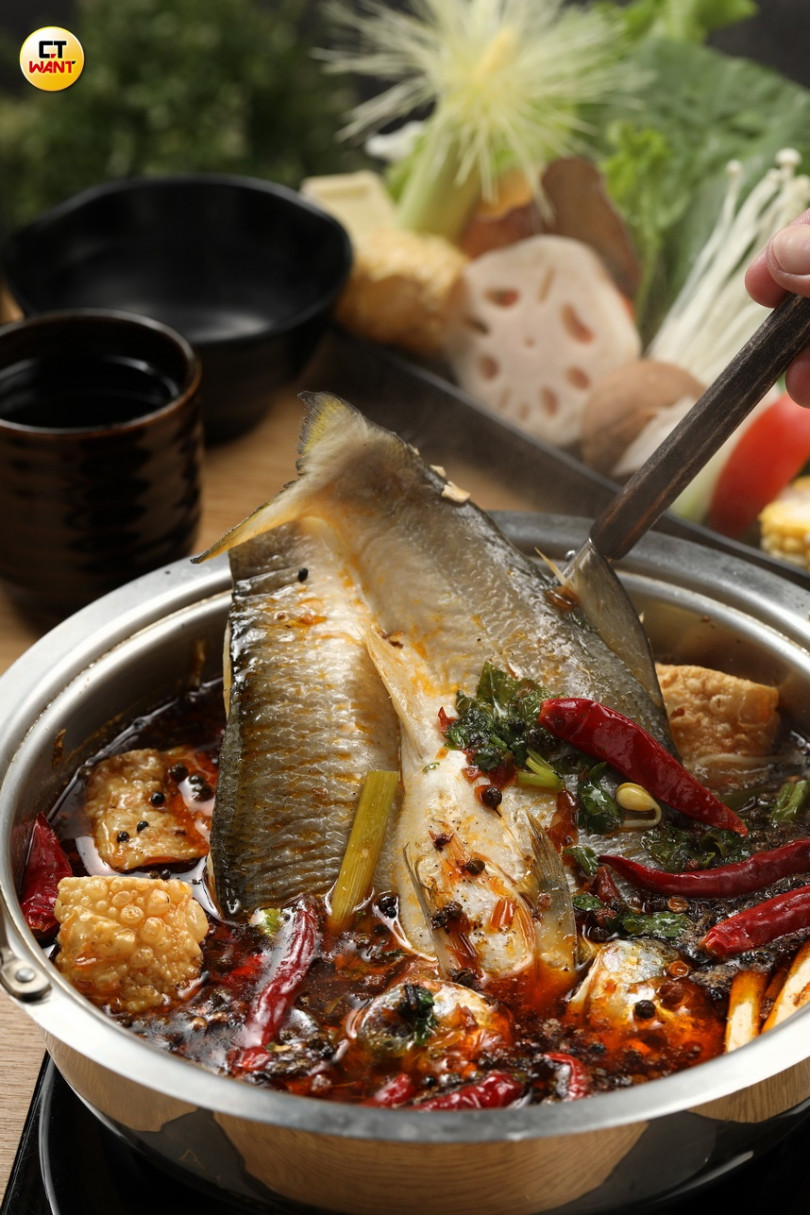 整尾的午魚浸入辣鍋，搭配脆口的豆芽、生菜再灑上香菜，讓整道菜口感很有層次。