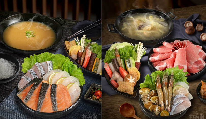 「日式鮭魚石狩鍋」（左）、「台式翠玉雞湯鍋」。（圖／海霸王提供）