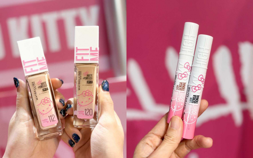 媚比琳熱賣的控油粉底、睫毛膏通通穿上了超萌HELLO KITTY限量外包裝。（圖／吳雅鈴攝）