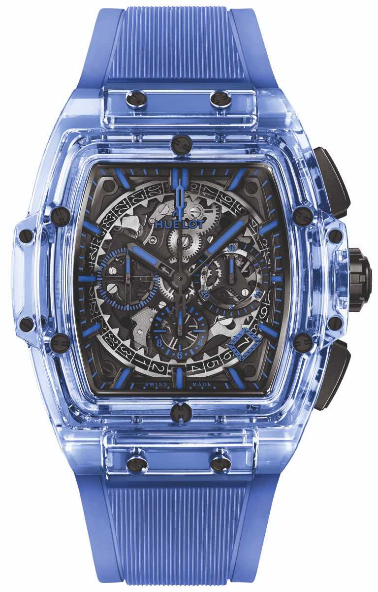 HUBLOT「Spirit of Big Bang」藍色藍寶石計時碼錶，42mm，拋光藍色藍寶石錶殼，限量100只╱3,270,000元。（圖╱HUBLOT提供）