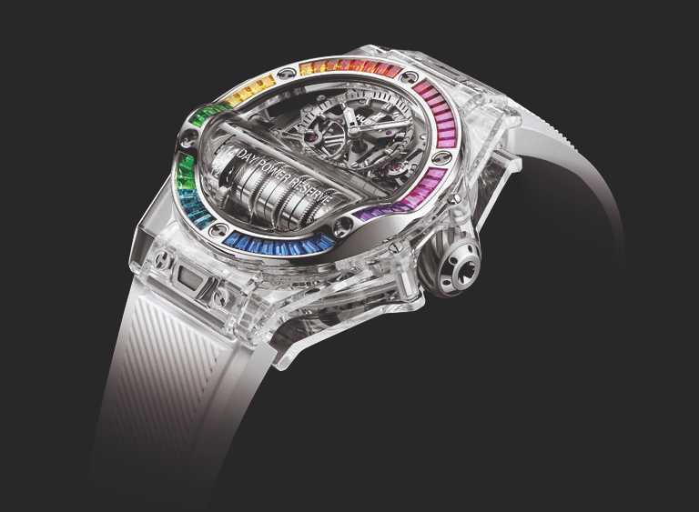 HUBLOT「Big Bang MP-11」彩虹藍寶石腕錶，45mm，藍寶石鏡面錶殼，限量50只╱3,990,000元。（圖╱HUBLOT提供）