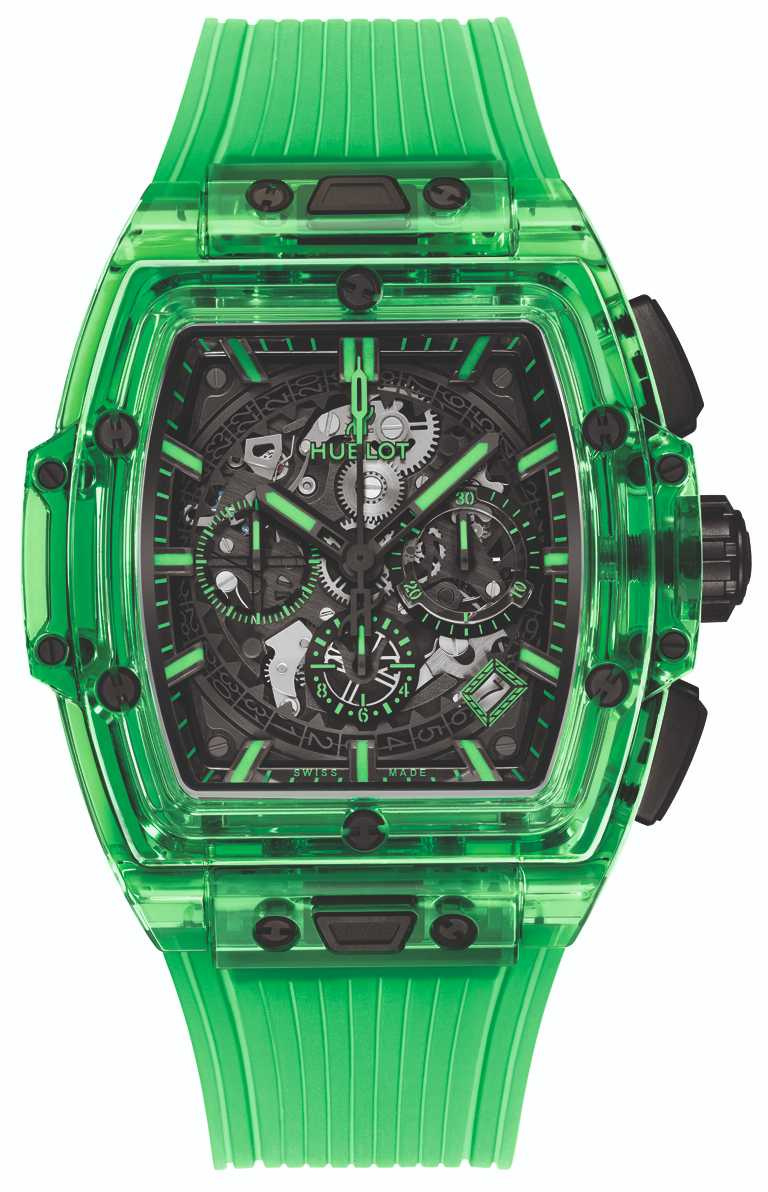 HUBLOT「Spirit of Big Bang」SAXEM計時碼錶，42mm，拋光綠色SAXEM錶殼，限量100只╱3,957,000元。（圖╱HUBLOT提供）