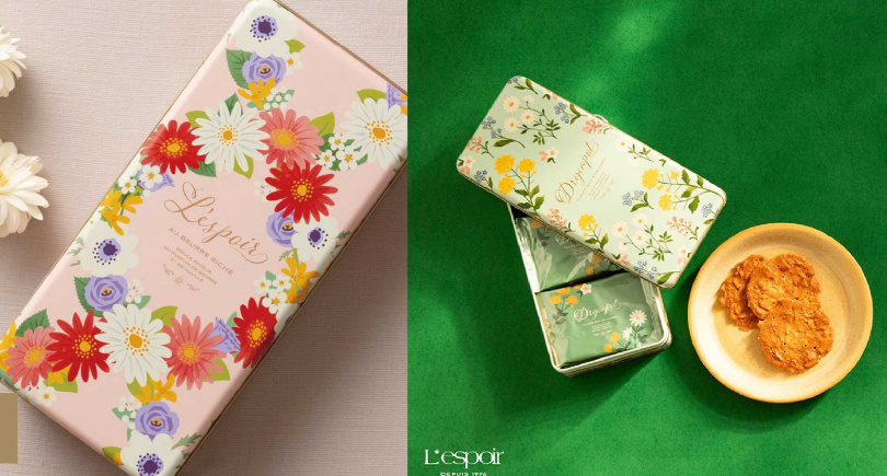 Lespoir花卉鐵盒「奶油薄煎餅」禮盒（左）、Lespoir花卉鐵盒「杏仁薄煎餅」禮盒。（圖／神戶風月堂提供）
