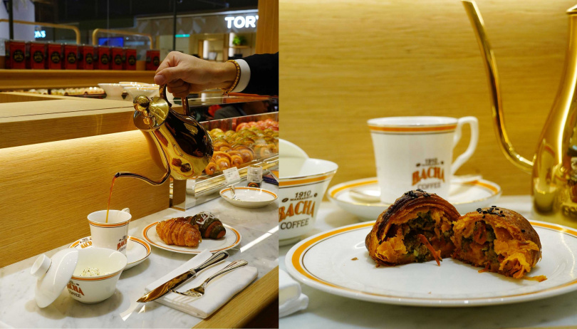 有機會記得在咖啡吧體驗現場沖煮咖啡的美味（左），右為台灣獨家的「番茄和牛可頌」。（100元，圖／魏妤靜攝）