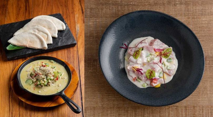 芭達桑原住民主題餐廳推出「吐瓦魯鮪魚咖哩」（左，388元）、試試工作室推出「諾魯椰奶魚」。（活動優惠價220元）