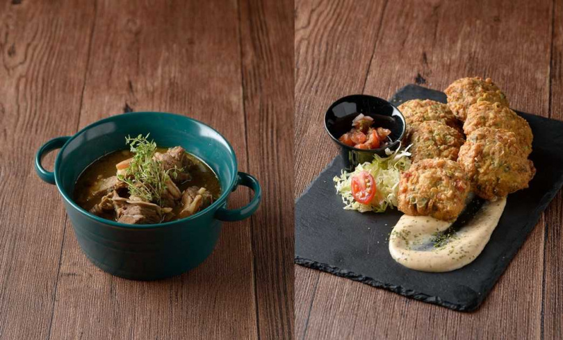 加勒比海邦交國美食嘉年華4人饗宴組菜色「聖克里斯多福燉羊肉湯」（左）、「聖露西亞炸鱈魚餅」。