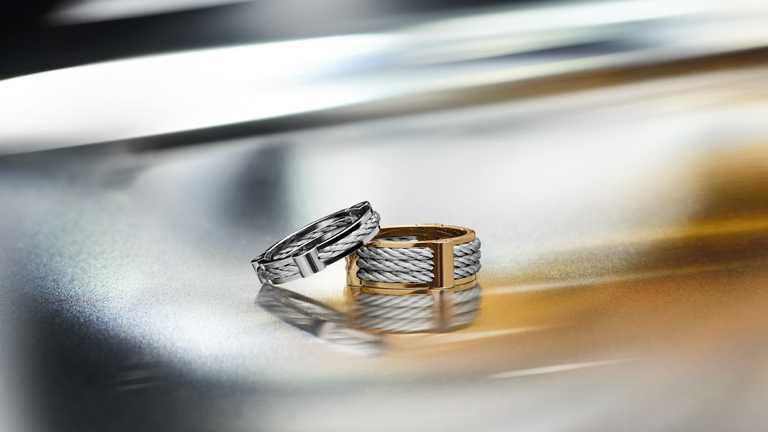 FRED「Force 10 Winch」系列，（左）18K白金精鋼單環戒指╱81,600元；（右）18K黃金精鋼三環戒指╱95,900元。（圖╱FRED提供）