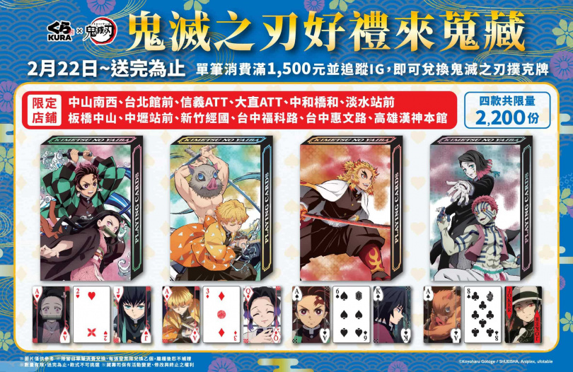 「藏壽司X鬼滅之刃」限量撲克牌，將從2月22日開始出沒於台中惠文路店、以及台北、高雄等其他11間店鋪！