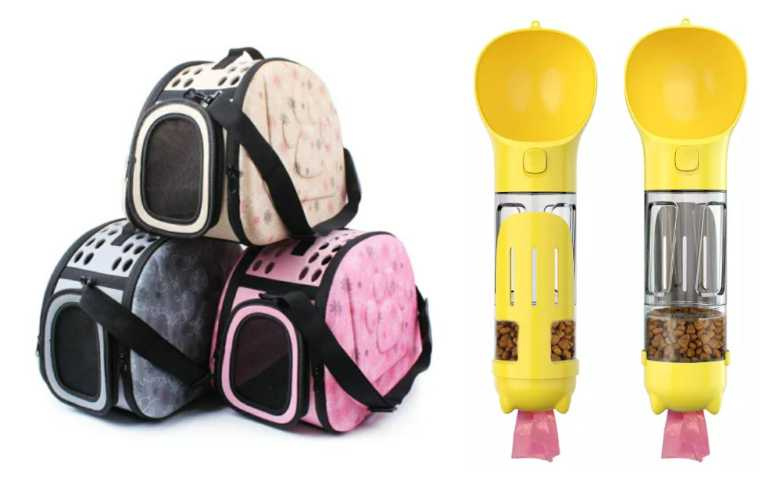 亞米屋Yamiya-彩色印花寵物外出摺疊包／Happy Happy-三合一餵水鏟便收納器（圖／樂天市場提供）