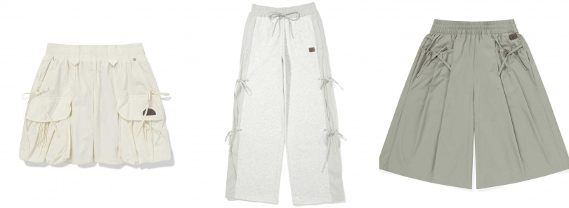 Utility skort 褲裙／2,580元，Jersey–Woven Mix Pants 長褲／2,980元，String Bermuda Pants 長褲／2,980元（圖／品牌提供）