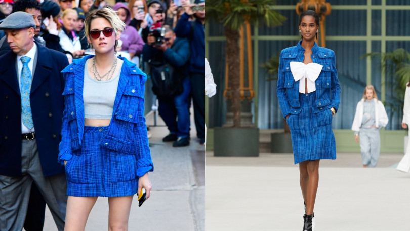身為Chanel品牌大使，克莉絲汀出席活動也不忘穿上香奈兒，有別於克莉絲汀的率性，在秀上呈現的則是，以蝴蝶結背心搭配多口袋斜紋軟呢套裝。（圖／品牌提供）