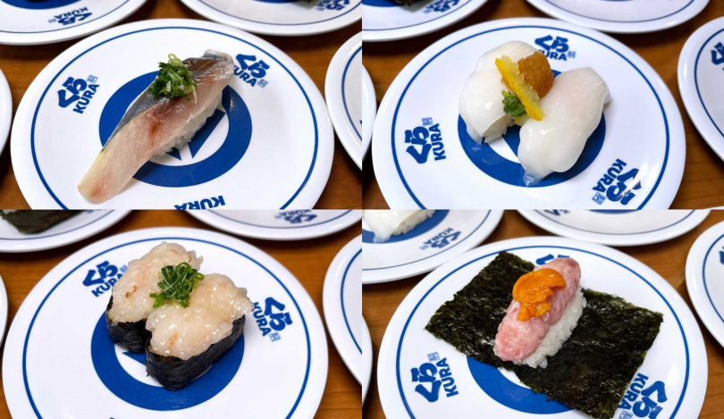 「日本竹筴魚（一貫）」（左上起順時針）、「柚子蘿蔔泥槍烏賊」、「海膽鮪魚泥海苔包」、「鹽味蔥花赤蝦軍艦」。（圖／藏壽司提供）