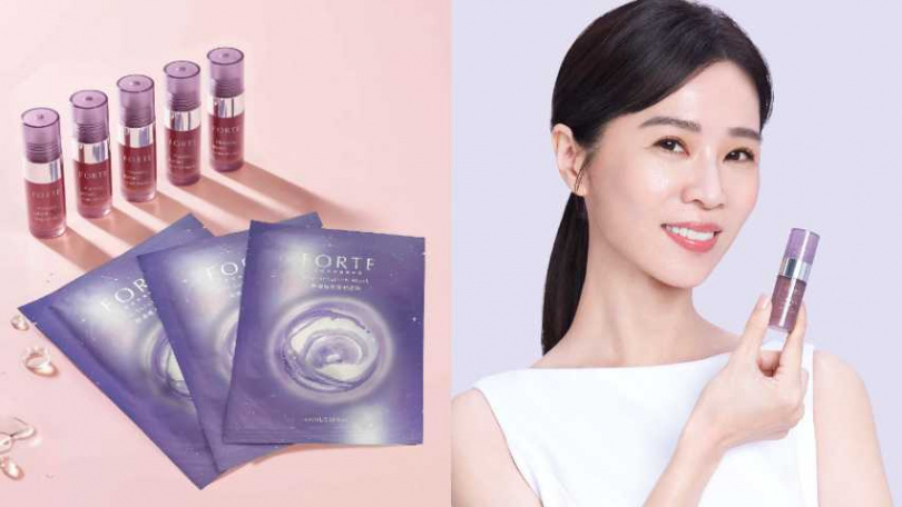 影后謝盈萱分享自己早上使用安瓶原液、晚上再繼續用面膜保養,短短ㄧ週密集修護使肌膚狀態變得更細緻,簡直媲美20+零瑕巔峰狀態。FORTE 58%精純胎盤素肌活原液 11ml*5入/6,800元、御潤極光塑顏面膜35ml*5片/1,080元(圖/品牌提供)