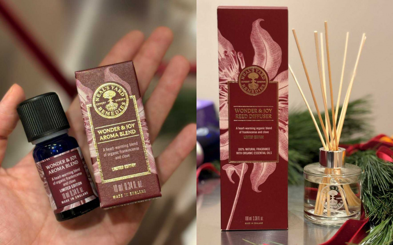 Neal’s Yard Remedies奇蹟歡愉複方精油10ml／1,000元、奇蹟歡愉香竹100ml／2,300元（圖／吳雅鈴攝）