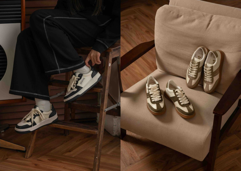 COURT經典皮革板鞋 熊貓／3,800元；SANTOS 經典德訓鞋 拿鐵/橄欖綠／3,800元（圖／品牌提供）