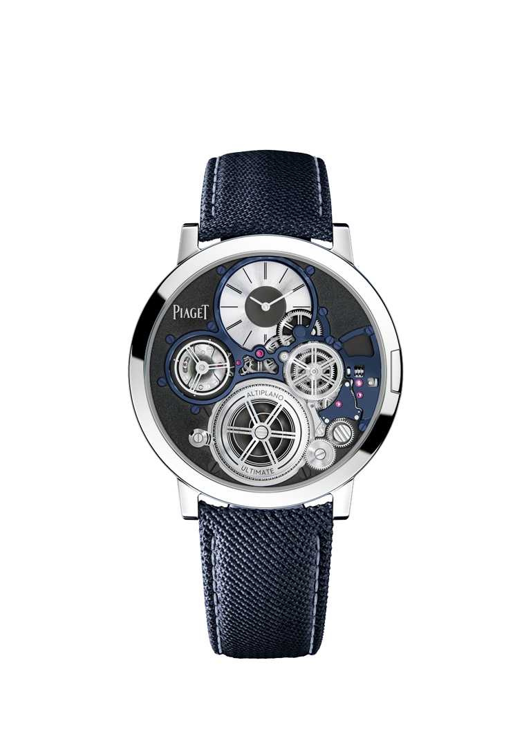PIAGET「Altiplano Ultimate Concept終極概念腕錶」，鈷基合金錶殼，藍色Baltimora織帶錶帶╱12,300,000元。（圖╱PIAGET提供）