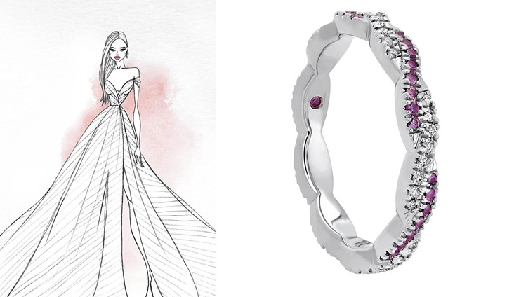 Harley系列婚紗設計手稿，腰身抓摺特別凸顯身材曲線。（右）Harley Go Boldly戒指，定價：130,000元。
