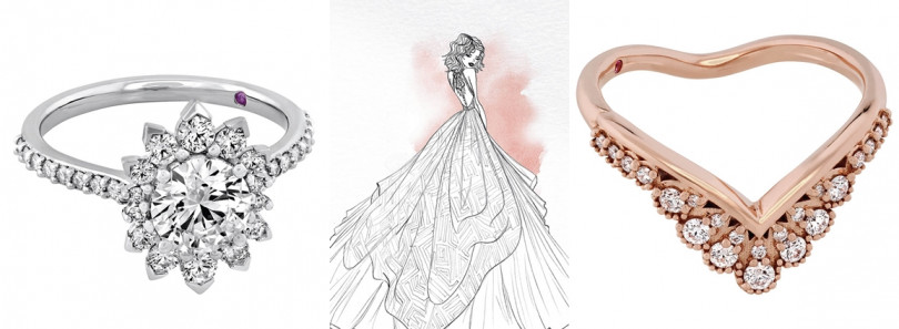 Behati系列婚紗手稿，整體設計偏向經典簡約風格。（左）Behati Say It Your Way戒指，定價：依主鑽大小，價格未定。（右）Behati Silhouette戒指，定價：65,000元。