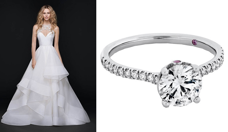 Sloane系列婚紗手稿，整體設計偏向經典簡約風格。（右）Sloane Silhouette戒指，定價：依主鑽大小，價格未定。