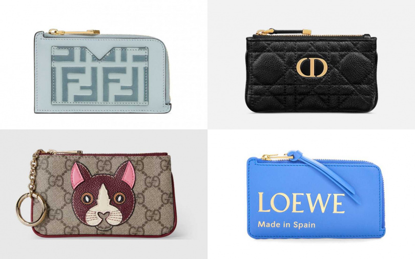 FENDI FF LOGO卡夾式零錢包／14,200元、Dior Caro黑色籐格紋柔款小牛皮拉鍊錢包／14,500元、GUCCI可愛貓咪鑰匙包／12,600元、Loewe Made in Spain天空藍小牛皮拉鍊零錢卡包／15,000元（圖／品牌提供）