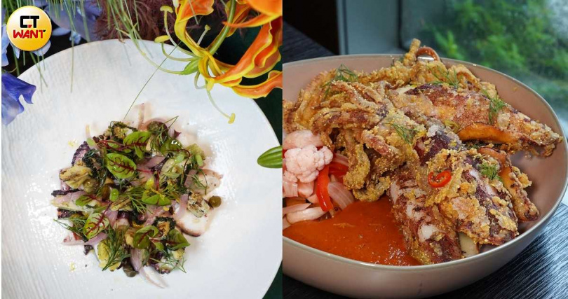 晚間套餐前菜之一「章魚、朝鮮薊、醃漬洋蔥、檸檬油醋」（左）宛如小花園，右為搭配主廚自製紅甜椒醬與煙燻風味油的「酥炸小卷、醃漬蔬菜、紅甜椒醬」。（圖／魏妤靜攝）