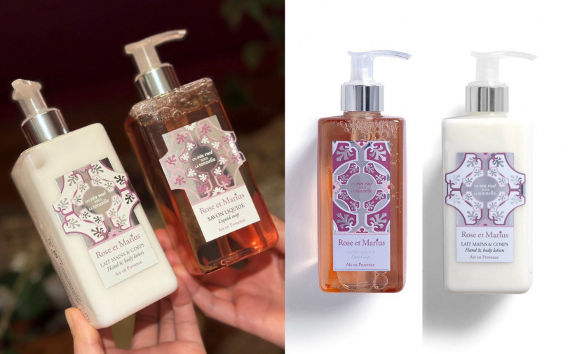 Rose et Marius木藤下的玫瑰葡萄酒潔膚露315ml/1,380元、木藤下的玫瑰葡萄酒潤膚乳315ml/1,780元(圖/Cindy攝、品牌提供)