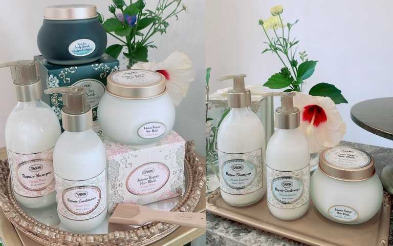(左為綠玫瑰、右為茉莉花語香氣)SABON 植系髮肌護理系列淨潤洗髮乳（茉莉花語／綠玫瑰）290ml／1,180元；瞬效護髮乳（茉莉花語／綠玫瑰）190ml／1,280元；三效修護煥髮膜 200ml／1,780元（茉莉花語／綠玫瑰）（圖／黃筱婷攝）