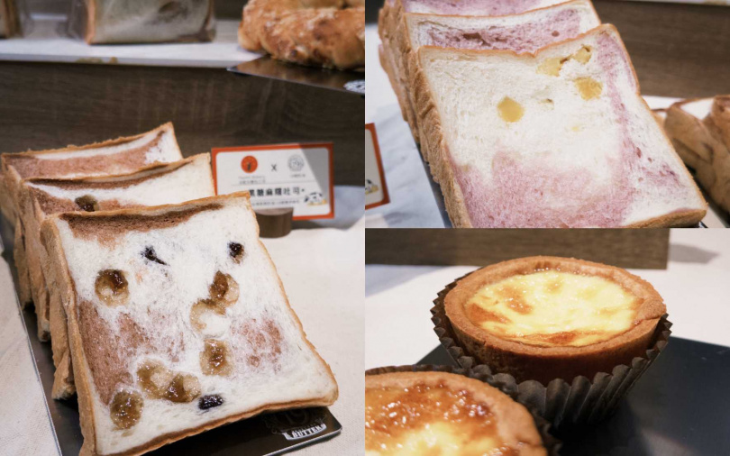 林坤緯以「19號台灣原森發酵奶油」開發出多款日常麵包新作，（左）黑糖麻糬吐司、（右上）紫芋地瓜吐司、（右下）黑糖德式烤布丁。（圖／加七攝）