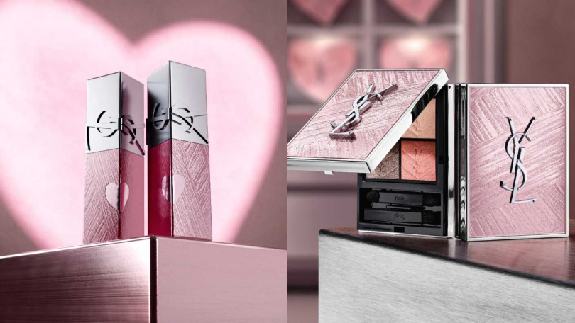 YSL 奢華印記鎖心光唇釉 #445 輕粉呼喊/1,650元、奢華印記鎖心光唇釉 #610 冰裸烏龍/1,650元、時尚4色眼影盤 限量新色 #826 光影誘惑/3,100元(圖/品牌提供)