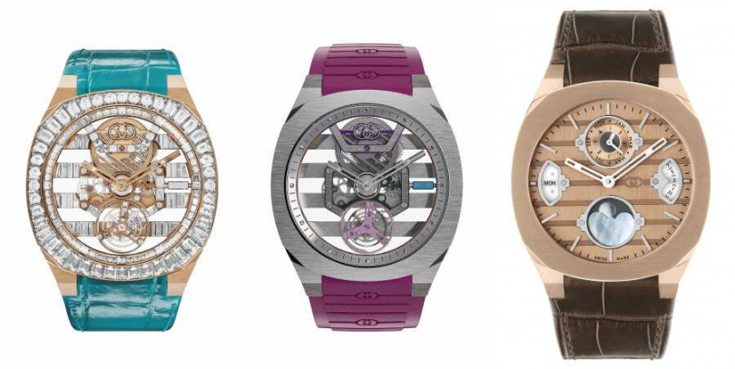 GUCCI 25H玫瑰金鑲鑽腕錶／11,700,000元、GUCCI 25H白金腕錶搭配紫色橡膠錶帶／4,200,000元、GUCCI 25H玫瑰金萬年曆腕錶／1,722,100元（圖／品牌提供）