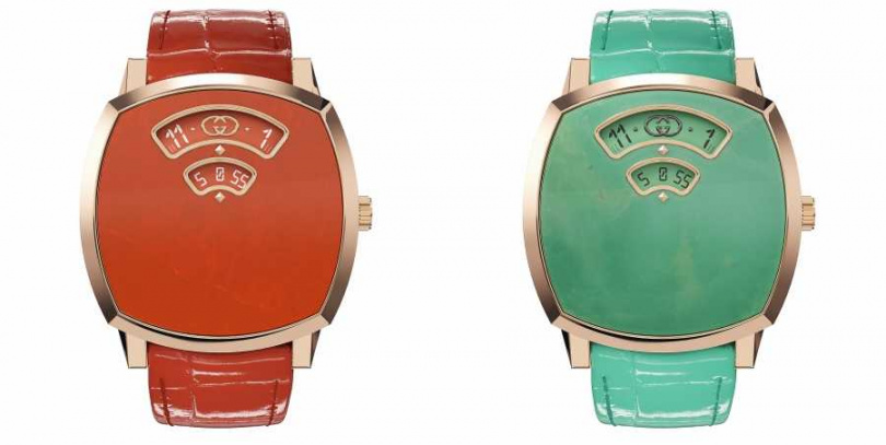 Gucci Grip 18K玫瑰金逆跳腕錶-磚紅色碧玉錶盤／3,300,000元、Grip 18K玫瑰金逆跳腕錶-綠玉髓錶盤／3,300,000元（圖／品牌提供）