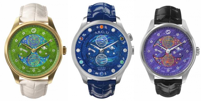 Gucci G-Timeless Moonlight 18K黃金雙月相腕錶-綠色錶盤／3,200,000元、G-Timeless Moonlight 18K白金雙月相腕錶-客製化寶石鑲嵌藍色錶盤／3,700,000元、G-Timeless Moonlight 18K白金雙月相腕錶-紫色錶盤／3,200,000元（圖／品牌提供）