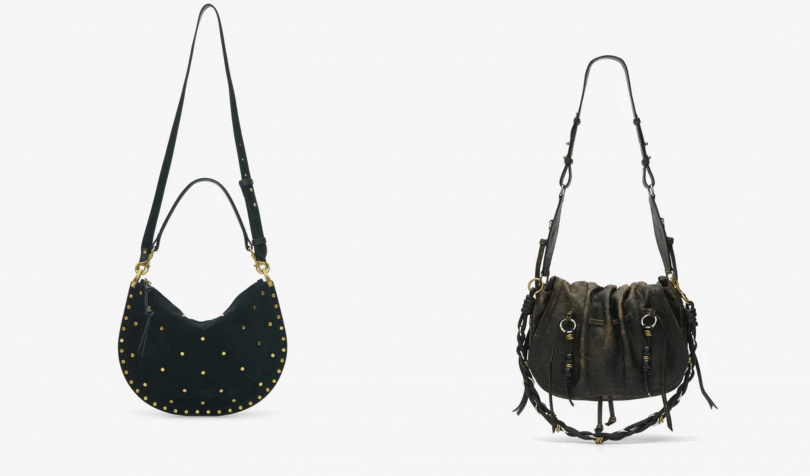 ISABEL MARANT OSKAN ZIPPED 黑色釘飾斜挎包／48,800元、右:ISABEL MARANT BOLTON 復古棕牛皮斜肩包／63,300元（圖／品牌提供）