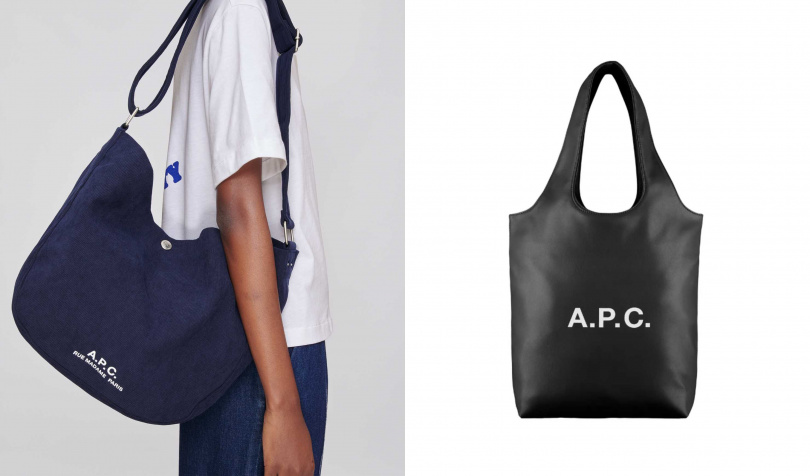 A.P.C. JOURNAL深藍大肩背包／8,300元，A.P.C.經典 NINON 黑色小托特／8,300元（圖／品牌提供）