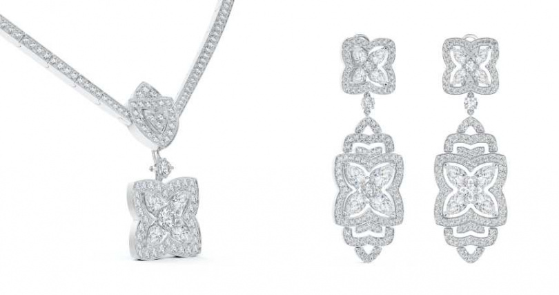 Enchanted Lotus高級珠寶鑽石吊墜項鍊／約2,620,000元、Enchanted Lotus高級珠寶鑽石雞尾酒耳環／約2,580,000元（圖／品牌提供）