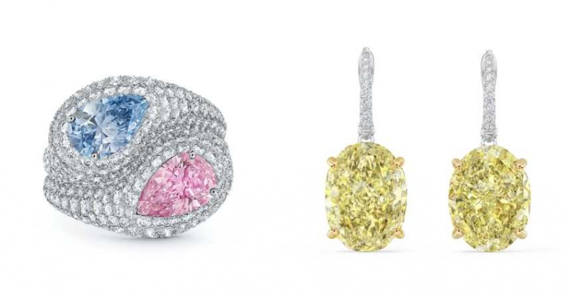 Toi Et Moi高級珠寶梨形切割藍鑽與粉紅鑽戒指／約184,950,000元、DB Classic高級珠寶橢圓形切割黃鑽垂墜式耳環／約47,350,000元（圖／品牌提供）