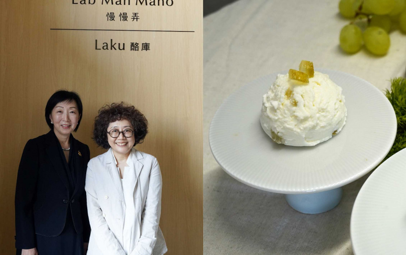 台灣起司專門協會理事長陳淑惠(左圖右)與日本NPO法人起司專業協會會長坂上あき合作,將導入「起司專業認證」,右為慢慢弄推出加了糖漬柚子皮的白乳酪。(圖/魏妤靜攝)